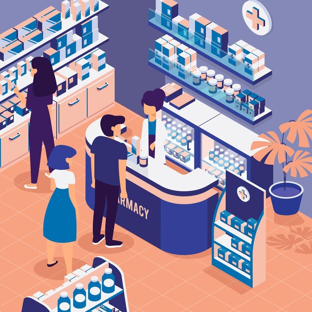 La gente lo shopping in una farmacia isometrica