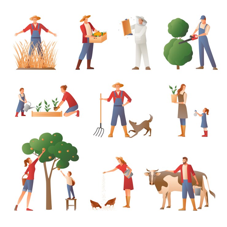 Vettore gratuito la gente nell'agricoltura icone piane messe