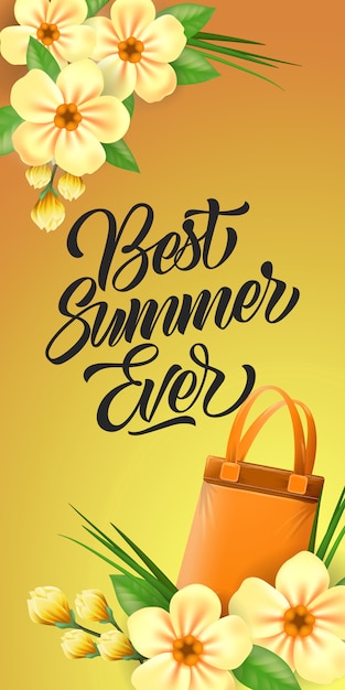La migliore estate mai scritta. Iscrizione creativa su sfondo arancione con borsa e fiori