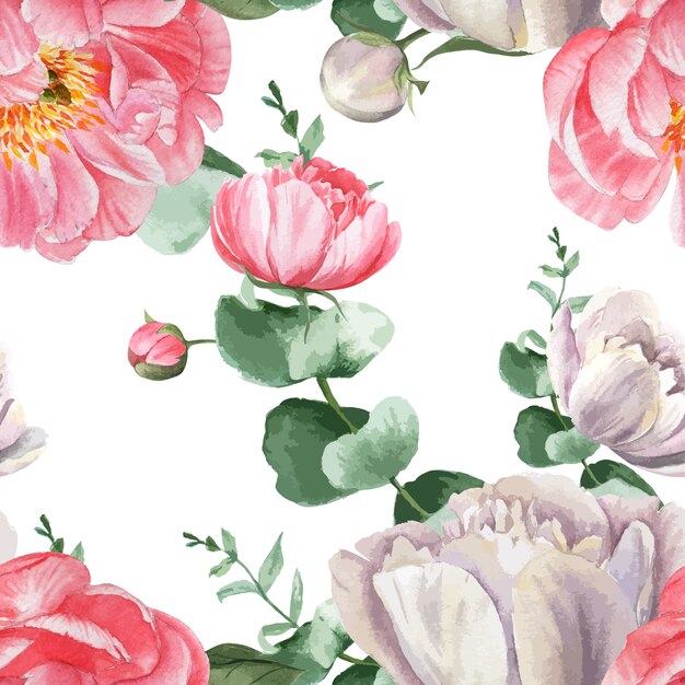 La peonia fiorisce il tessuto d&#39;annata botanico floreale senza cuciture dell&#39;acquerello di stile dell&#39;acquerello del modello dell&#39;acquerello