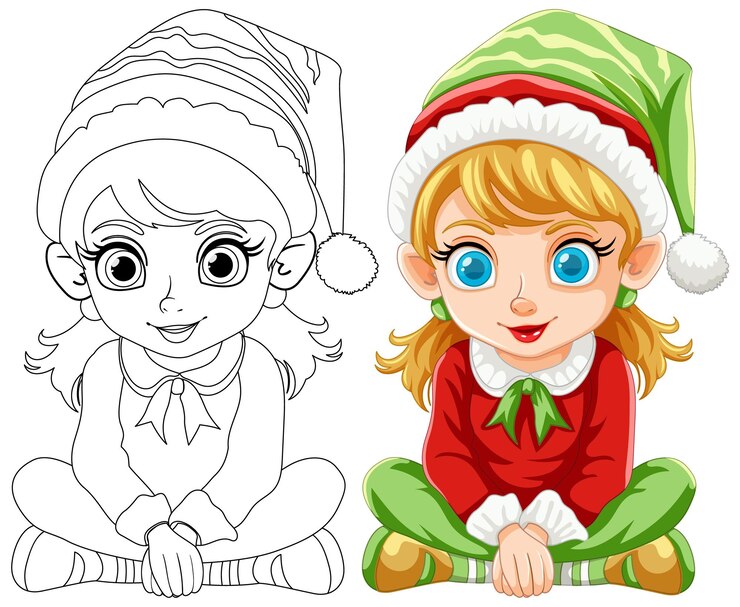 Vettore gratuito la ragazza elfa di natale prima e dopo la colorazione
