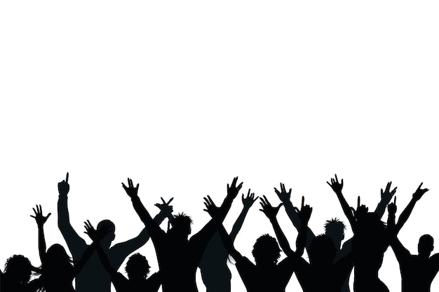 La silhouette della folla incoraggiante ha eccitato i giovani con le mani in alto Happy amici gruppo discoteca discoteca visitatori allegri