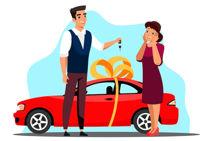 Vettore gratuito la sorpresa dà la scena del regalo l'uomo dà le chiavi dell'auto alla ragazza auto con nastro e fiocchi