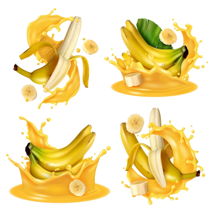 Vettore gratuito la spruzzata realistica del succo di banana ha messo con quattro immagini isolate dei frutti della banana che galleggiano in liquido giallo