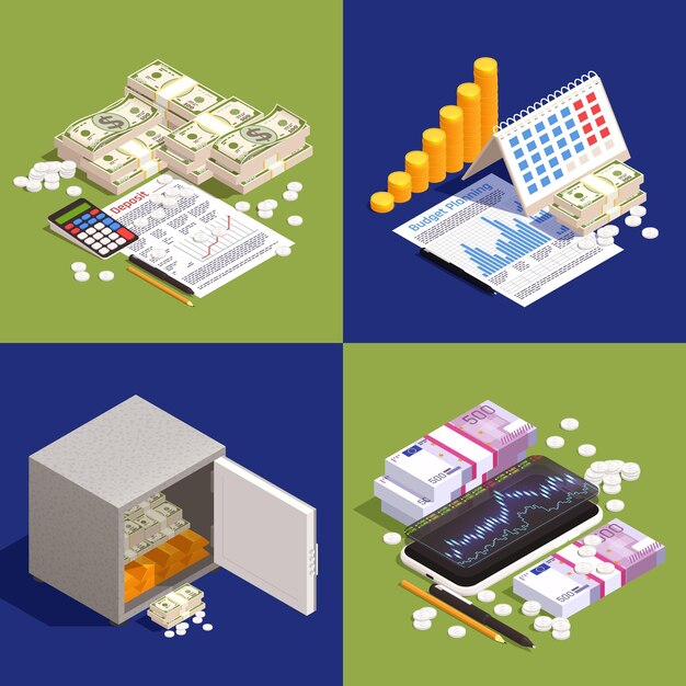 La tecnologia finanziaria 2x2 ha messo con i simboli isometrici di scambio dei soldi e di borsa ha isolato l'illustrazione di vettore