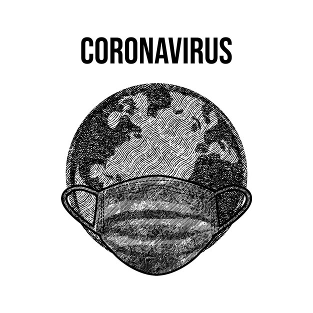 La Terra indossa una maschera per prevenire la diffusione del virus Il pianeta Terra con maschera facciale protegge per combattere l'illustrazione vettoriale disegnata a mano del virus Corona