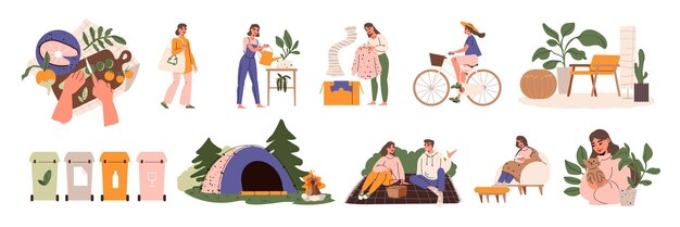 Lagom stile di vita scandinavo set piatto con cibo sano trasporto ecologico interni accoglienti e persone isolate su sfondo bianco illustrazione vettoriale