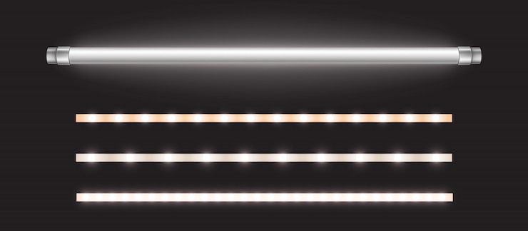 Vettore gratuito lampada a tubo e strisce led, lunga lampadina fluorescente
