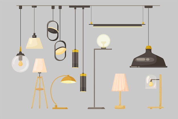Lampade a sospensione e lampadari e set di illustrazioni a cartoni animati. Vari lampadari in stile moderno, plafoniere con lampadine per la decorazione della casa. Design, interni, concetto di elettricità