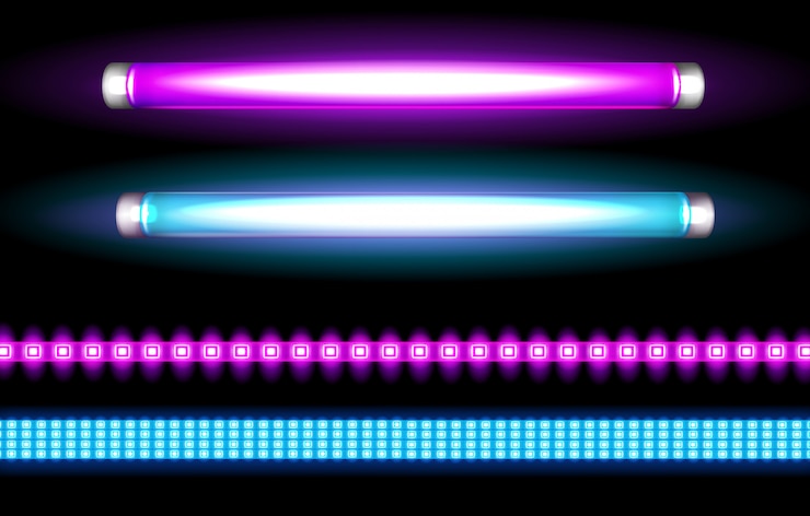 Vettore gratuito lampade a tubo al neon e strisce led, lampadine lunghe