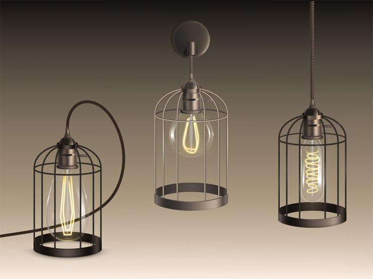 Vettore gratuito lampade in stile loft con lampadine a incandescenza di forma diversa a filamenti riscaldati