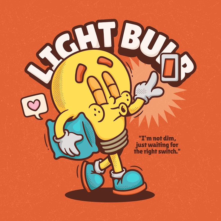 Vettore gratuito lampadina di tendenza retro cartone animato vettoriale disegnato a mano