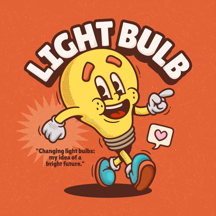 Vettore gratuito lampadina di tendenza retro cartone animato vettoriale disegnato a mano