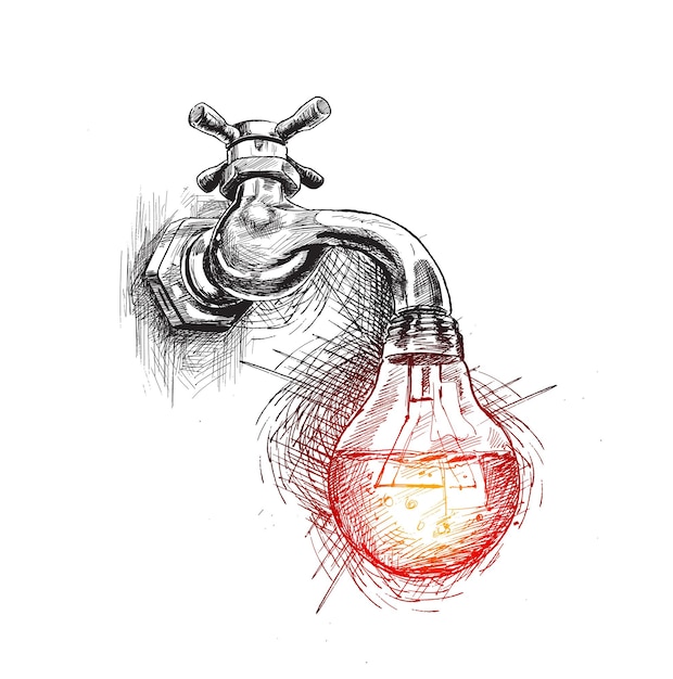 Lampadina elettrica riempita con acqua concetto di energia concetto vettoriale ecologia Illustrazione vettoriale di schizzo disegnato a mano