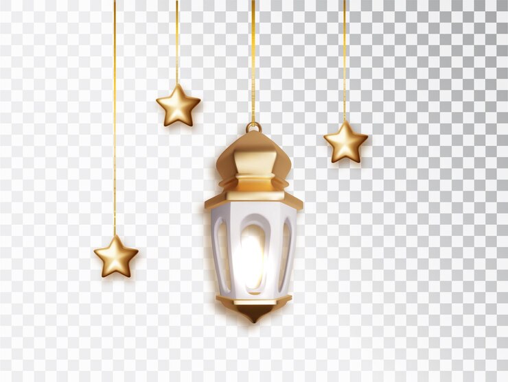 Vettore gratuito lanterna del ramadan e stelle appese decorazioni 3d collezione di oggetti islamici realistici isolata lampada splendente araba