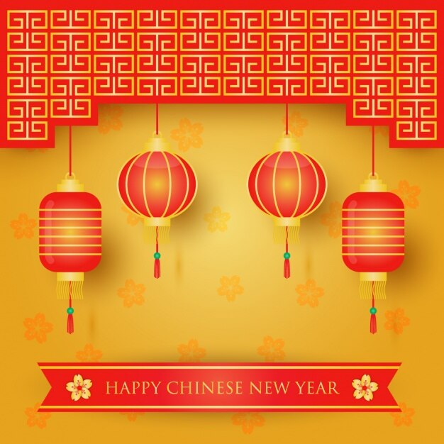 lanterne cinesi e felice anno nuovo messaggio