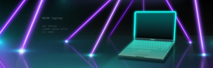Vettore gratuito laptop al neon e raggi laser su sfondo nero