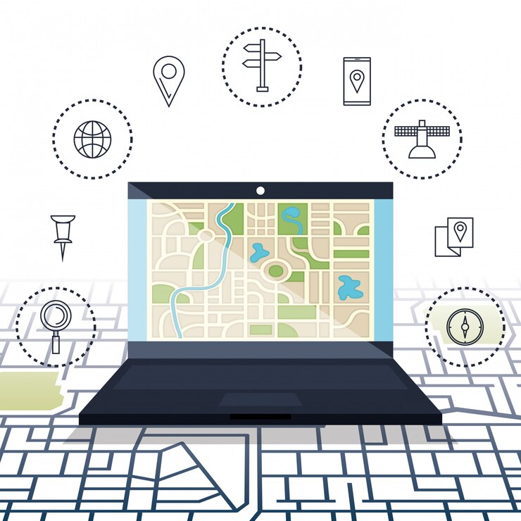Vettore gratuito laptop con software di navigazione gps