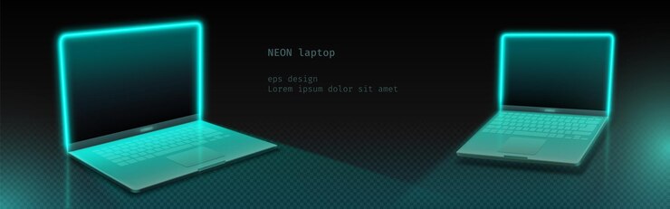 Vettore gratuito laptop moderni con un bagliore al neon turchese