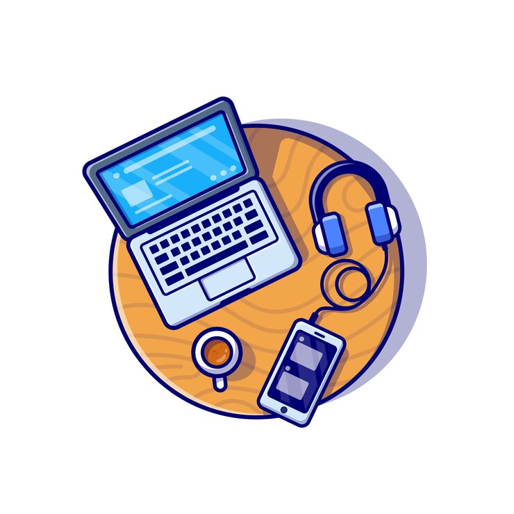 Vettore gratuito laptop, smartphone e cuffie icona del fumetto illustrazione. concetto dell'icona di tecnologia aziendale isolato. stile cartone animato piatto