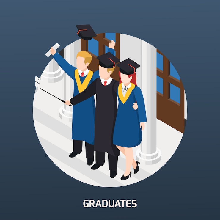 Vettore gratuito laureati con il diploma in cappelli accademici che fanno l'illustrazione rotonda della struttura della carta dell'invito della composizione isometrica nel selfie
