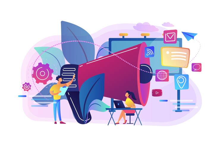 Vettore gratuito lavoro di squadra di marketing e megafono enorme con icone dei media. marketing e branding, cartelloni pubblicitari e annunci, concetto di strategie di marketing