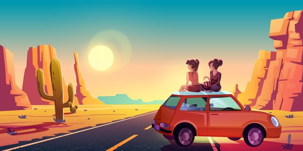 Le amiche si siedono sul tetto dell'auto ammirano il bellissimo tramonto o la vista pittoresca dell'alba nel deserto con la strada asfaltata che va in lontananza attraverso rocce e cactus, gli amici viaggiano, illustrazione vettoriale dei cartoni animati