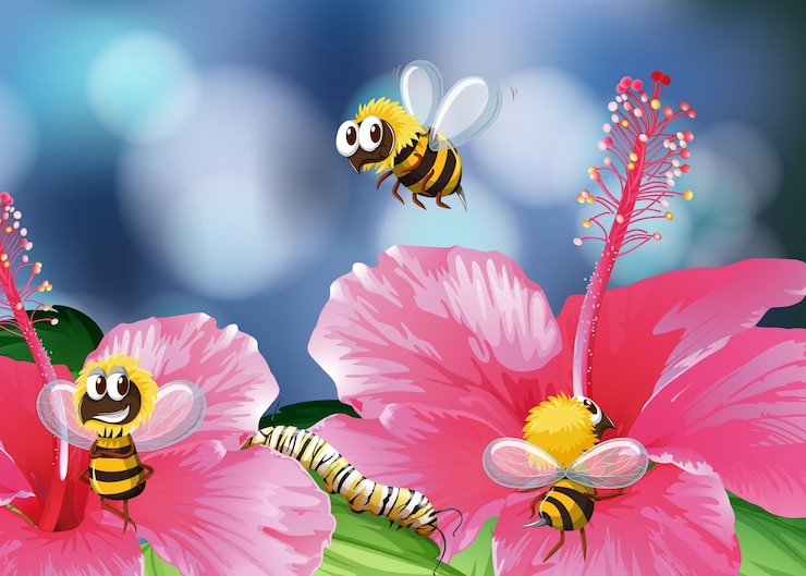 Vettore gratuito le api volano in giardino illustrazione