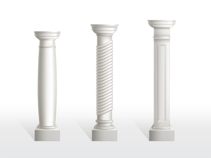 Vettore gratuito le colonne antiche hanno impostato isolato. pilastri decorati in pietra classica antica di architettura romana o grecia per interni o facciata. elementi vintage di falegnameria illustrazione realistica di vettore 3d