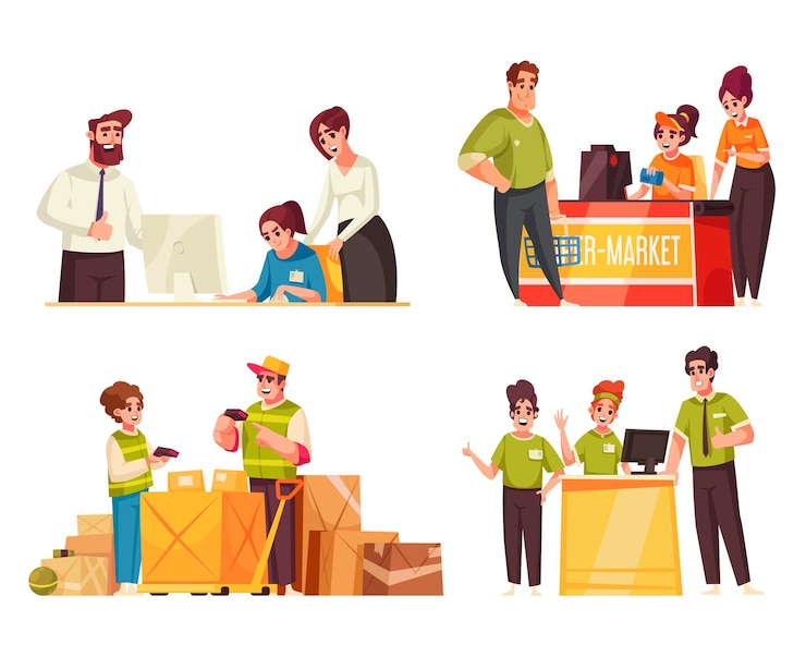 Vettore gratuito le composizioni del lavoro dell'adolescente hanno messo con l'illustrazione di vettore isolata fumetto del commesso e del cassiere dell'assistente personale