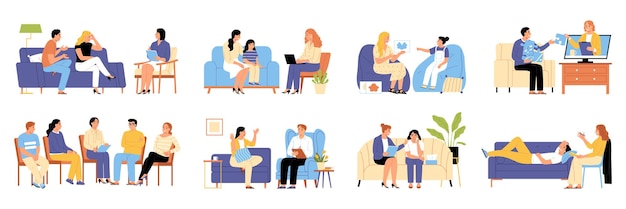 Le composizioni piatte dello psicologo hanno dimostrato ai medici che lavorano con i pazienti in gruppo e tete un'illustrazione vettoriale isolata tete