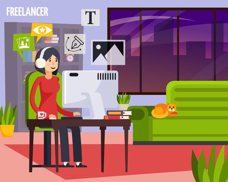 Vettore gratuito le free lance dell'agenzia di pubblicità che lavorano nella composizione ortogonale a casa con la ragazza dietro il desktop che crea la disposizione degli annunci progetta l'illustrazione