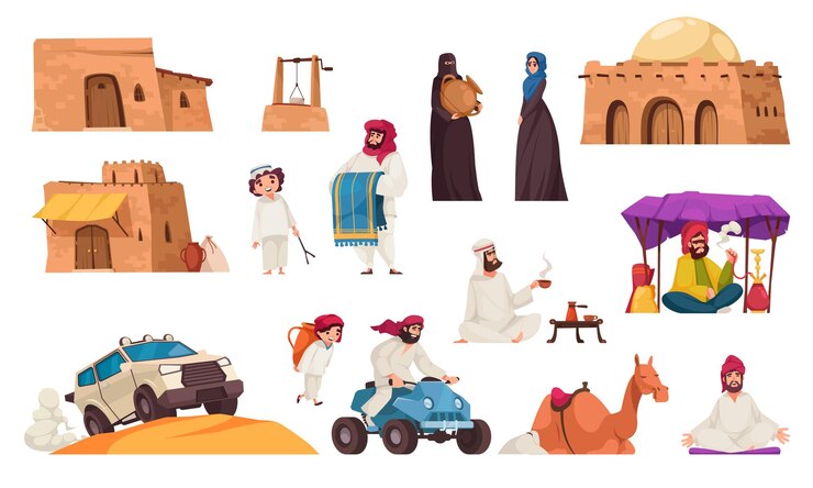 Vettore gratuito le icone del fumetto del deserto arabo messe con la gente che indossa i vestiti tradizionali orientali hanno isolato l'illustrazione di vettore