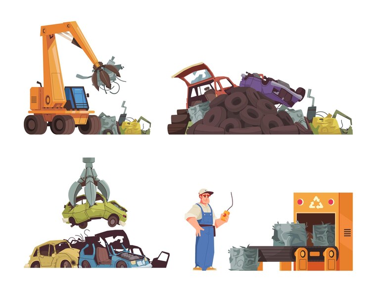 Vettore gratuito le icone del fumetto della discarica dell'automobile hanno messo con l'illustrazione di vettore isolata auto schiacciata