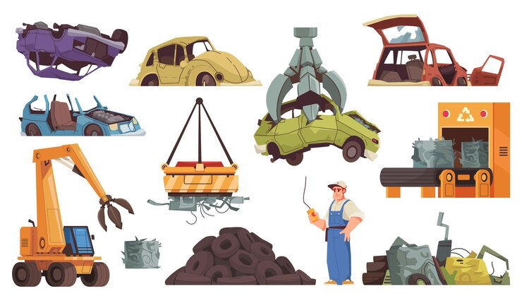 Vettore gratuito le icone del fumetto della discarica dell'automobile hanno messo con l'illustrazione di vettore isolata discarica di automobili rotta e schiacciata