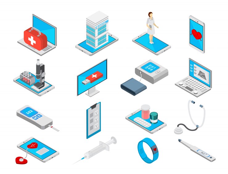 Vettore gratuito le icone isometriche della medicina mobile messe con i simboli del trattamento hanno isolato l'illustrazione