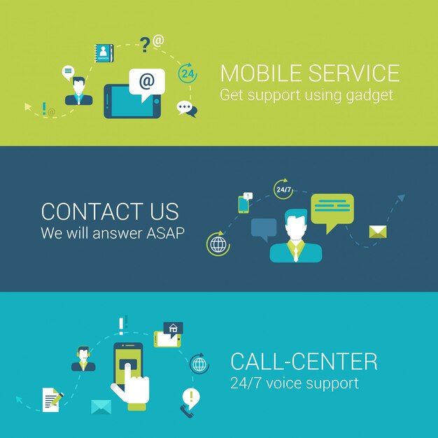 Le icone piane di concetto della call center del contatto di servizio mobile di sostegno hanno messo le illustrazioni