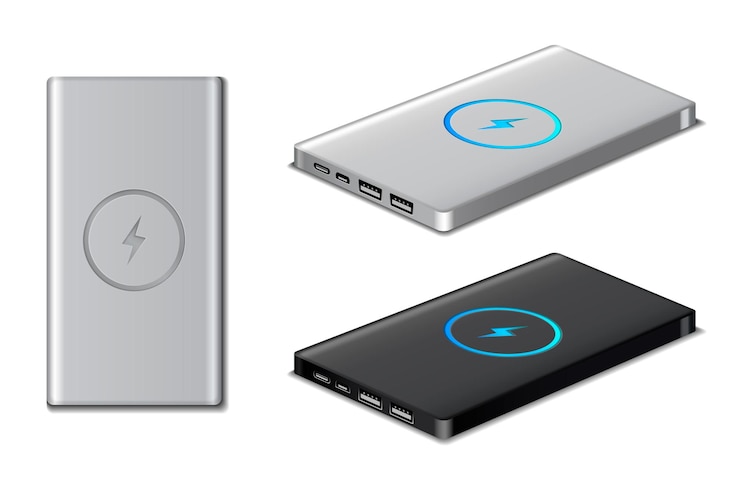 Vettore gratuito le icone realistiche del caricabatteria di powerbank messe con i dispositivi neri e d'argento hanno isolato l'illustrazione di vettore