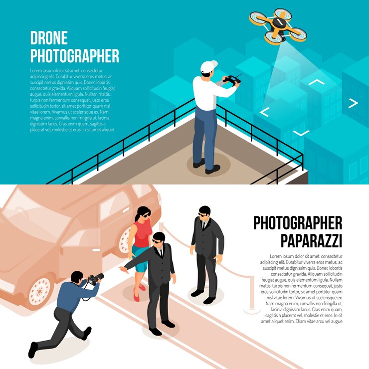Vettore gratuito le insegne isometriche orizzontali del fotografo professionista con tecnologia telecomandata del fuco e i paparazzi della fucilazione della celebrità vector l'illustrazione