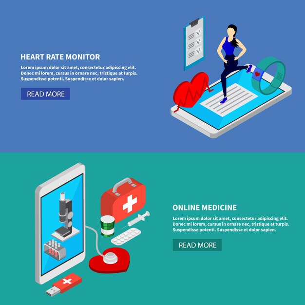 Le insegne orizzontali isometriche della medicina mobile messe con i simboli del cardiofrequenzimetro hanno isolato l'illustrazione