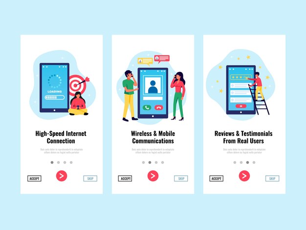 Le insegne verticali dell'applicazione mobile hanno messo con l'illustrazione isolata piano di simboli del collegamento a Internet