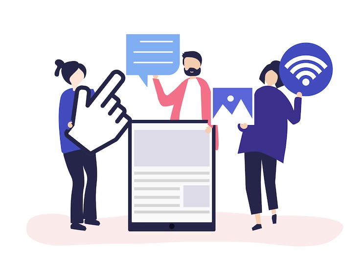 Vettore gratuito le persone che trasportano icone diverse relative ai media online