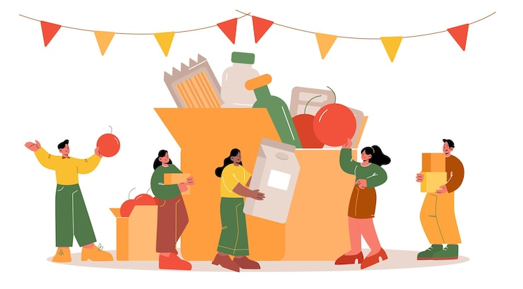 Vettore gratuito le persone donano cibo che riempiono la scatola di donazione di cartone con diversi prodotti per aiutare i poveri nel rifugio piccoli volontari carità la fame ridurre il supporto assistenza sociale linea arte illustrazione vettoriale