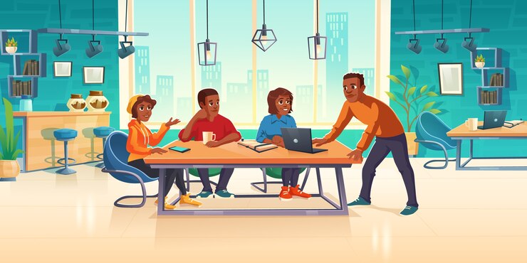 Vettore gratuito le persone nell'area di coworking pensano a un'idea di business o sviluppano un progetto artistico