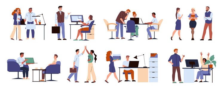 Vettore gratuito le persone nelle icone piane dell'ufficio messe con i dipendenti maschi e femmine che comunicano e fanno l'illustrazione di vettore isolata lavoro di ufficio