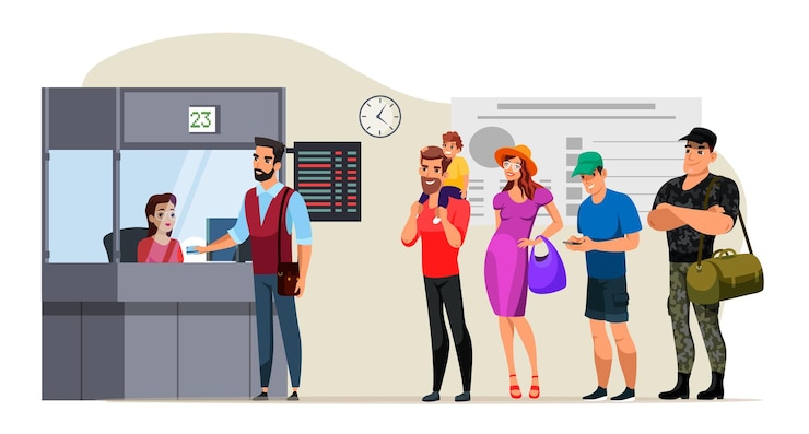 Vettore gratuito le persone stanno in una lunga coda alla biglietteria uomo che paga con carta di credito e parla attraverso la finestra della cabina con un impiegato con gli occhiali gruppo di personaggi dei clienti in attesa
