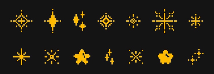 Vettore gratuito le stelle pixel impostano forme geometriche gialle nello spazio