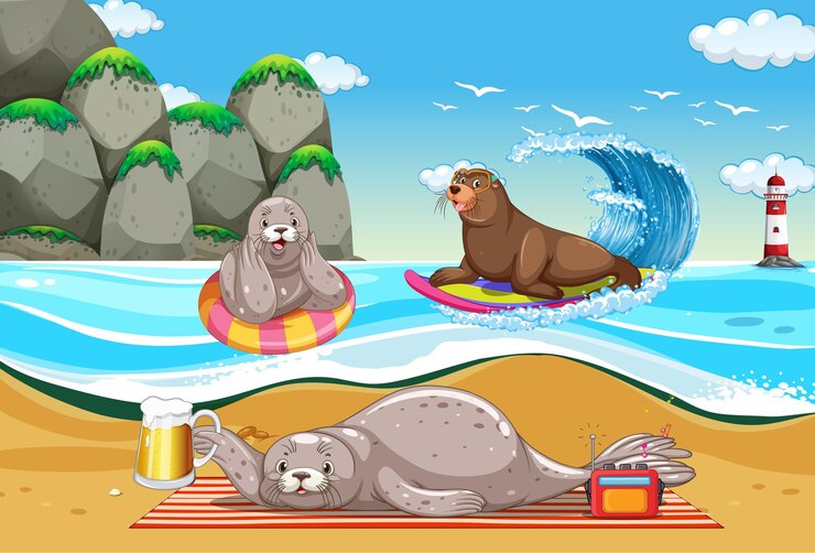 Vettore gratuito leone marino e foca in spiaggia