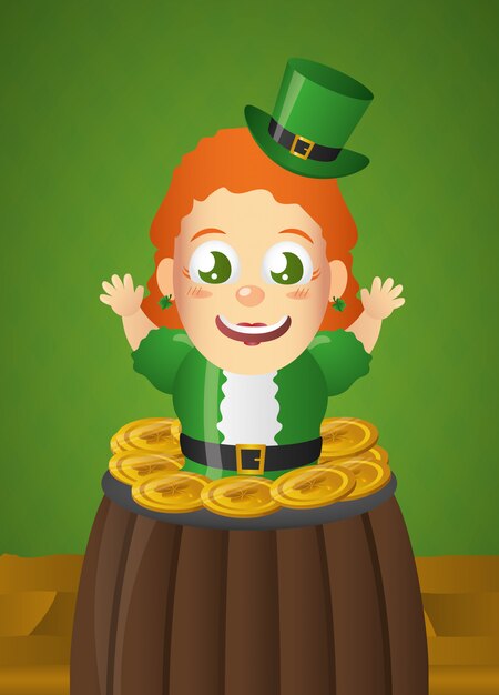 Leprechaun irlandese felice con il cappello verde in calderone, giorno di San Patrizio