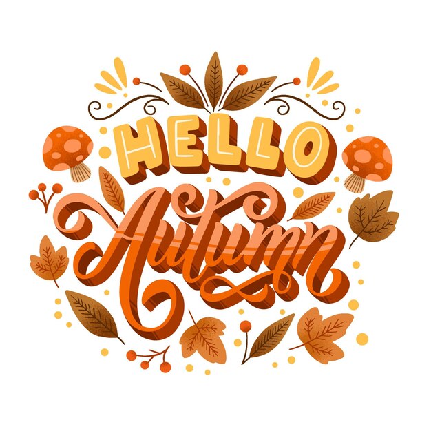 Lettering autunnale con foglie e funghi